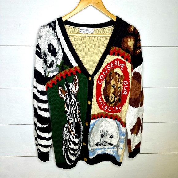 Vintage Eagles Eye Rare World Wildlife Collection Conservation Knit Cardigan -XL - Picture 1 of 10